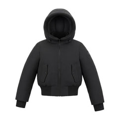 A front view of the Pramie black knit contrast bomber jacket for children.