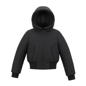 A front view of the Pramie black knit contrast bomber jacket for children.