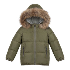 A front view of the Pramie green contrast coat for boys.