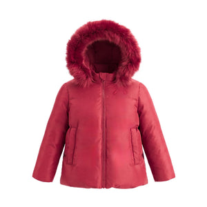 A front view of the Pramie red jacket with a bow for little girls.