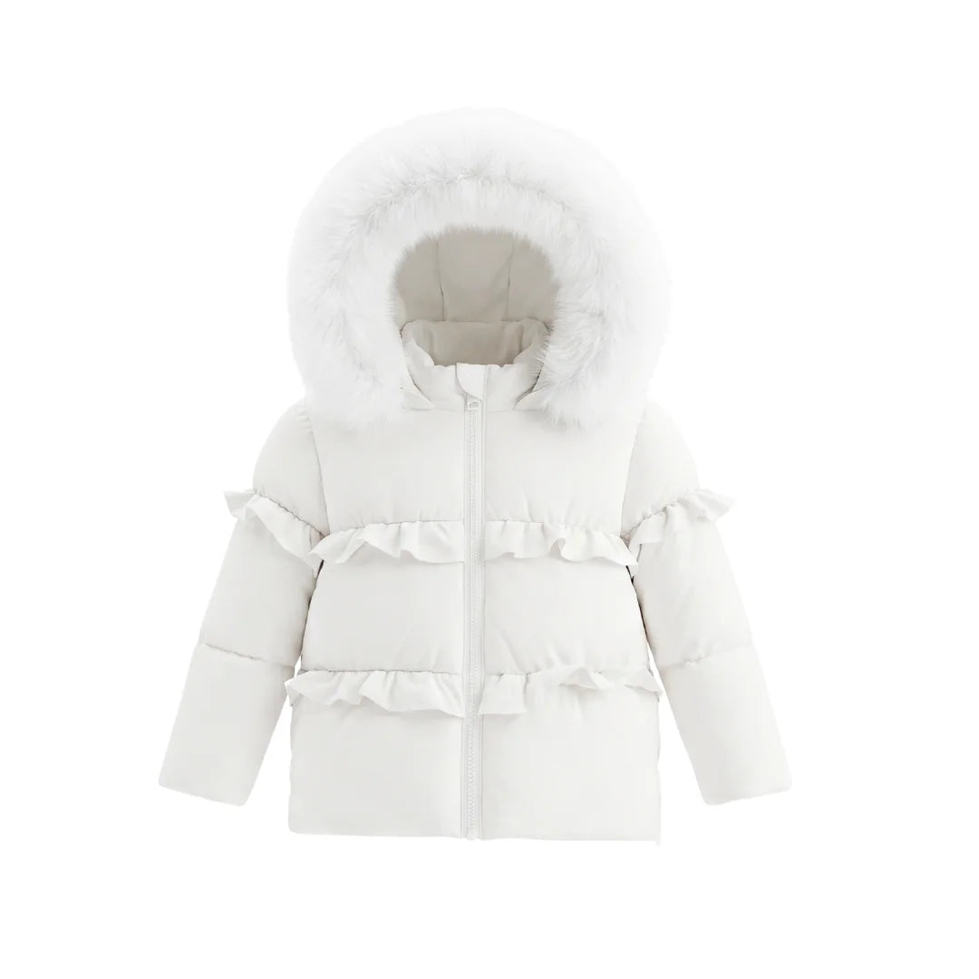 A front view of the Pramie ivory ruffle coat for little girls.