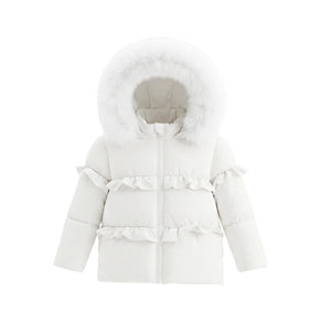 A front view of the Pramie ivory ruffle coat for little girls.