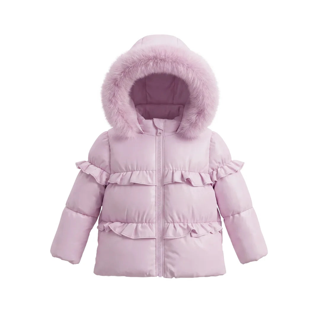 A front view of the Pramie lavender ruffle coat for little girls.