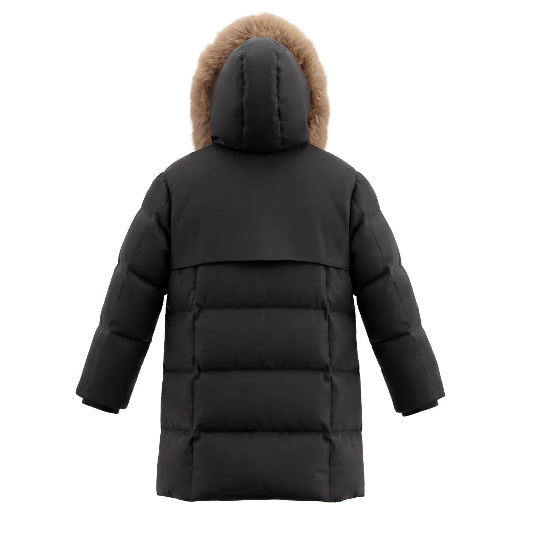 The clean back view of the Pramie winter long coat.