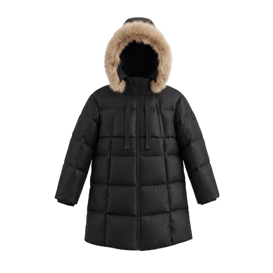 A front view of the Pramie black long coat for children.