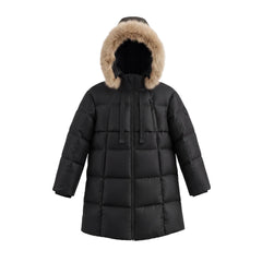 A front view of the Pramie black long coat for children.
