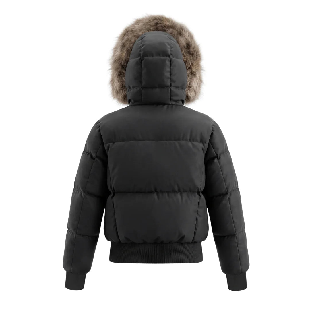 The clean back view of the Pramie fur-trimmed bomber jacket.