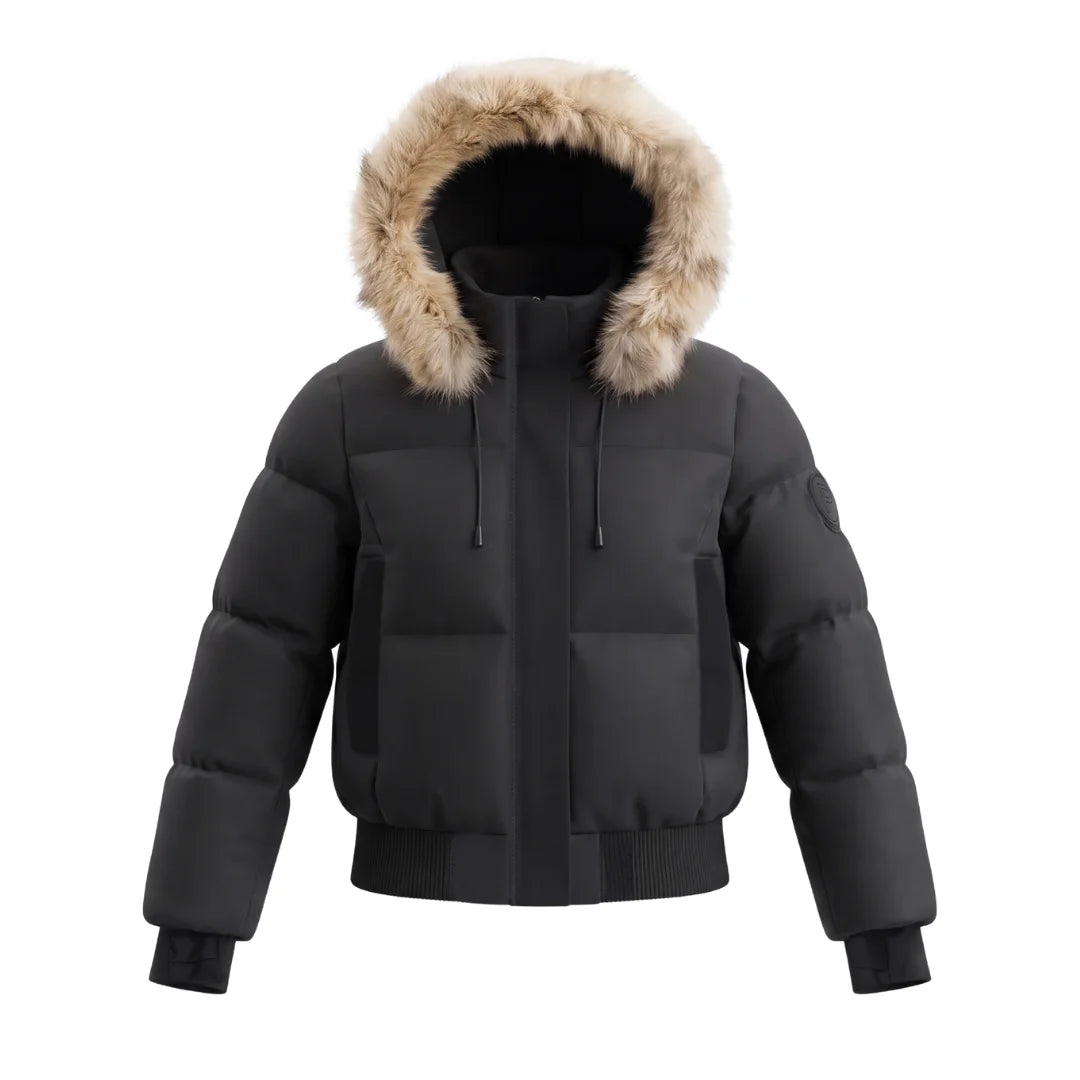 A front view of the Pramie black scuba bomber jacket with fur trim for children.