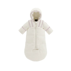 A front view of the Pramie mauve snow suit with binding for infants.