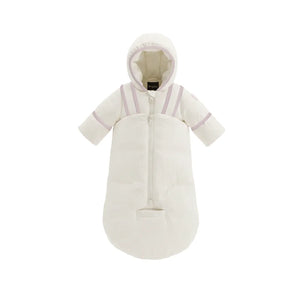 A front view of the Pramie mauve snow suit with binding for infants.
