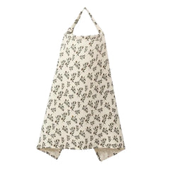 A front view of the printed muslin and fur-lined nursing leaf print cover.
