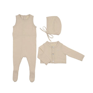 Peluche - Knit Jumpsuit + Cropped Cardigan + Bonnet Set (Taupe, Rose, Stone)