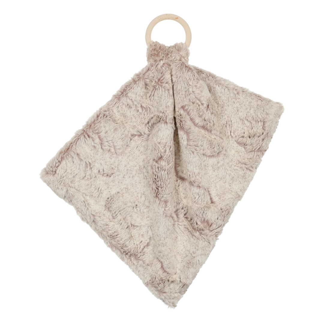 Peluche Bebe Mini Lux Fur Teether – Sculpted Oatmeal Heather Plush with Organic Wooden Ring