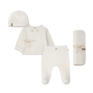 Baby clothing set with a jacket, hat, pants, and blanket on a white background