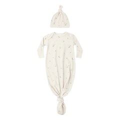 A front view of the Quincy Mae celestial print organic cotton baby knotted gown and hat.
