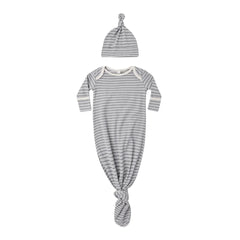 A front view of the Quincy Mae slate microstripe organic cotton baby knotted gown and hat.