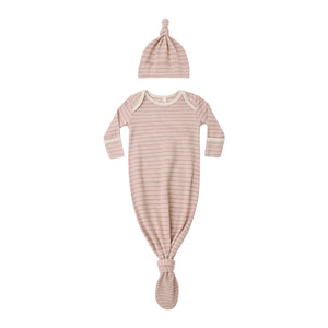 A front view of the Quincy Mae dusty rose microstripe organic cotton baby knotted gown and hat.