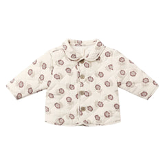 A front view of the Quincy Mae fall floral quilted organic cotton jacket with snap closures.