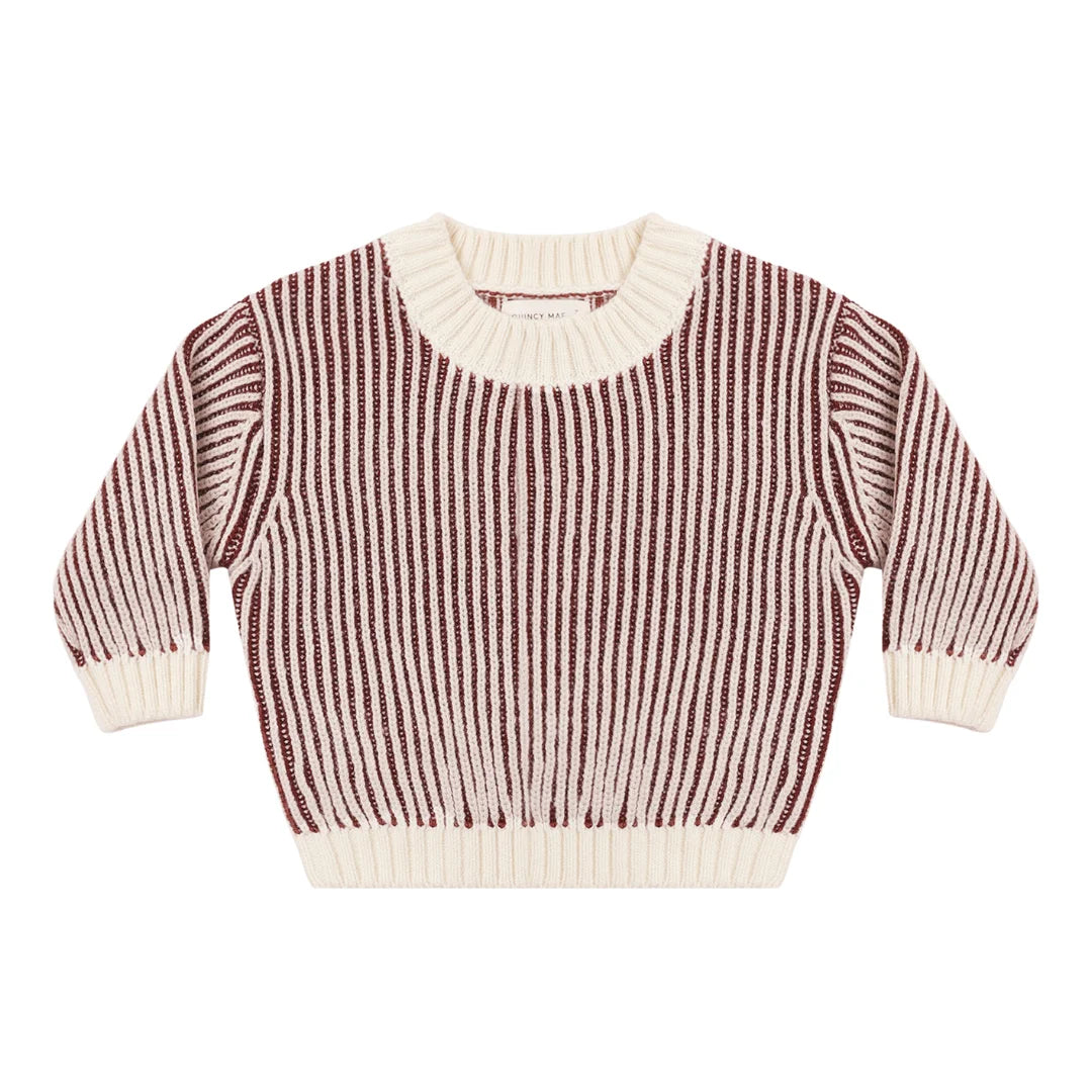 A front view of the Quincy Mae black cherry stripe organic cotton relaxed knit sweater.