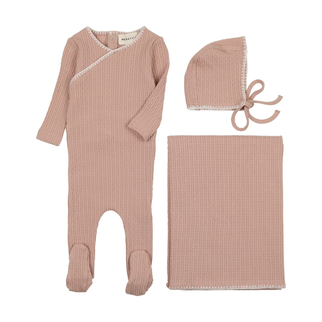 Mema Knits Pale Pink Stitch Textured Embroidery Edge 3 Pc Set