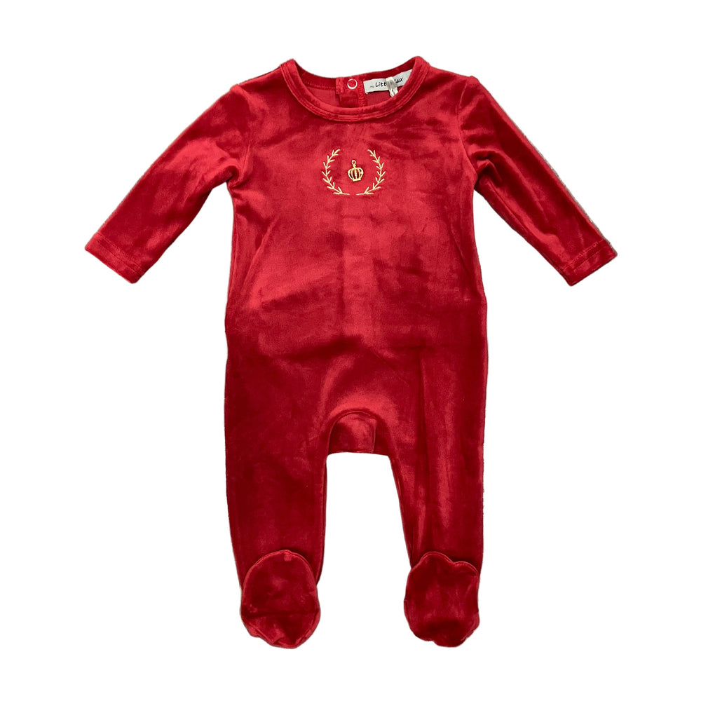 Red baby onesie with a logo