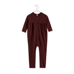 A front view of the RetroKid Isla baby romper in a deep burgundy color.