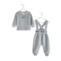 RetroKid Reese two-piece set, featuring a gray top and green overalls.