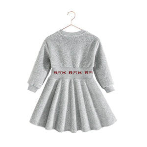 The back profile of the gray and red RetroKid scuba dress, highlighting its clean and structural shape.