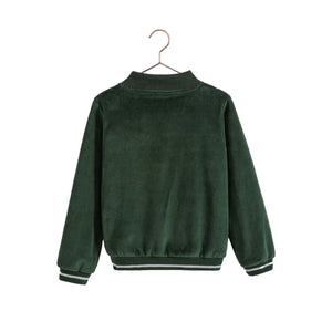 The back view of the green velour boys sweatshirt by RetroKid, showing the smooth, plush texture of the fabric.