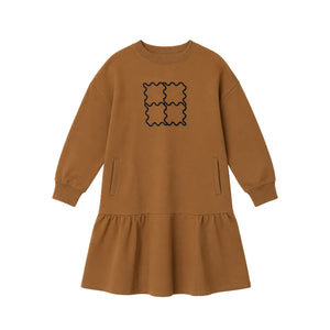 A front view of the Rooie and Friends caramel and black ruffle dress for girls.