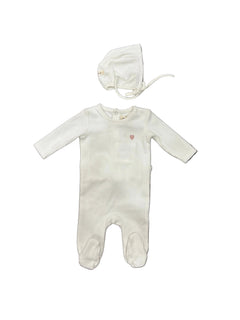 Mema Knits White/Rose Heart Ribbed Velour Emb Footie + Bonnet
