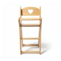 Wooden high chair with a heart-shaped cutout on a white background