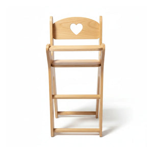 Wooden high chair with a heart-shaped cutout on a white background