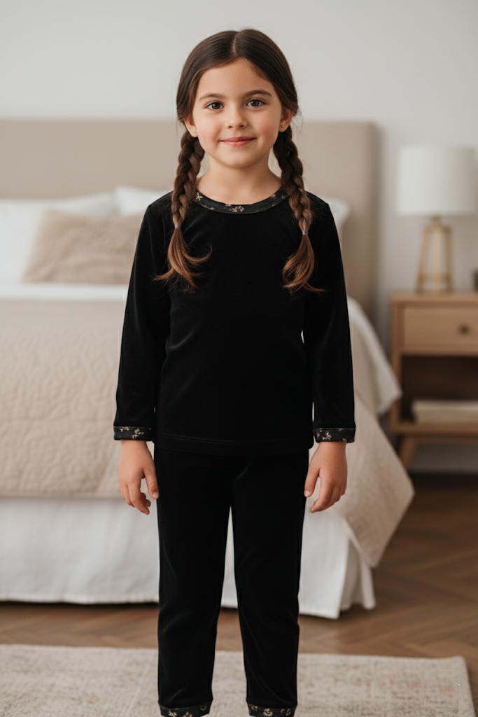 Young girl in black pajamas standing in a bedroom