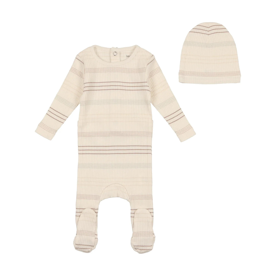 Bee & Dee Taupe Stripe Footie + Beanie