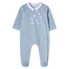 Blue baby onesie with white collar and ABC design on a white background