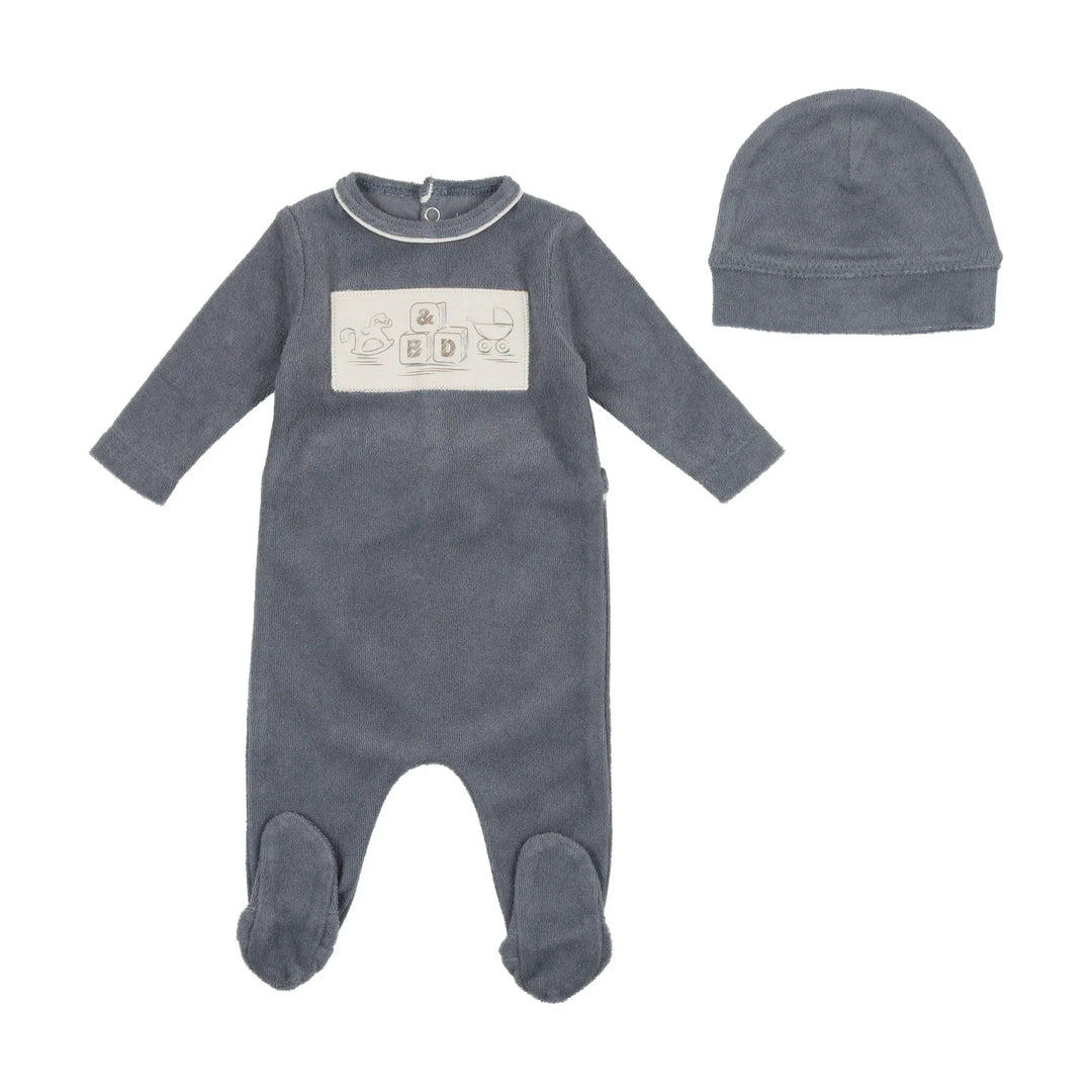 Bee & Dee Stone Blue Terry Center Print Footie + Beanie