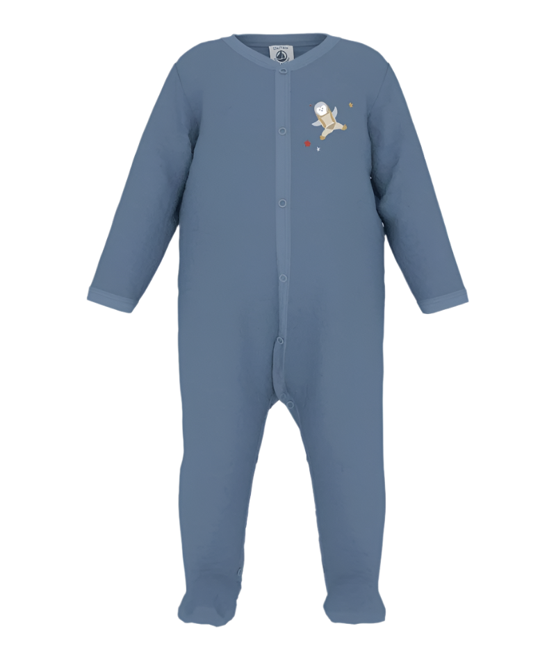 Petit Bateau Graphic Velour Front Snap Footie for newborns, soft velour fabric, easy snap closure, stylish graphic design for babies, luxury baby clothing