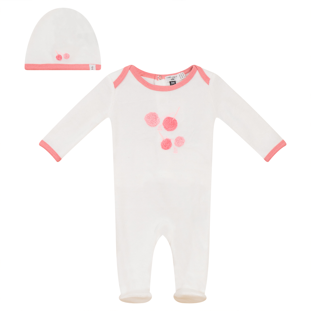 Little Fragile Pink Velour Footie with Contrast Cherries