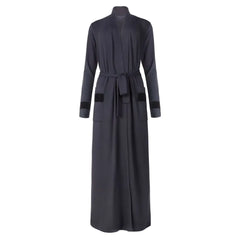 A breathtaking Velvette Peruvian Pima and Modal Long Sleeve Wrap Robe, showcasing its authoritative architectural modest fit and refined, butter-soft texture.