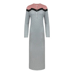 A breathtaking Velvette Color Block Nightgown in Black and Grey, showcasing its authoritative architectural modest fit and refined, butter-soft texture.