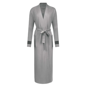 A breathtaking Velvette Pima and Modal Wrap Robe in Rose, Black, and Grey, showcasing its authoritative architectural modest fit and refined color-block texture grey