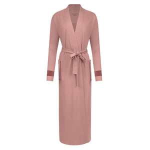A breathtaking Velvette Pima and Modal Wrap Robe in Rose, Black, and Grey, showcasing its authoritative architectural modest fit and refined color-block texture.