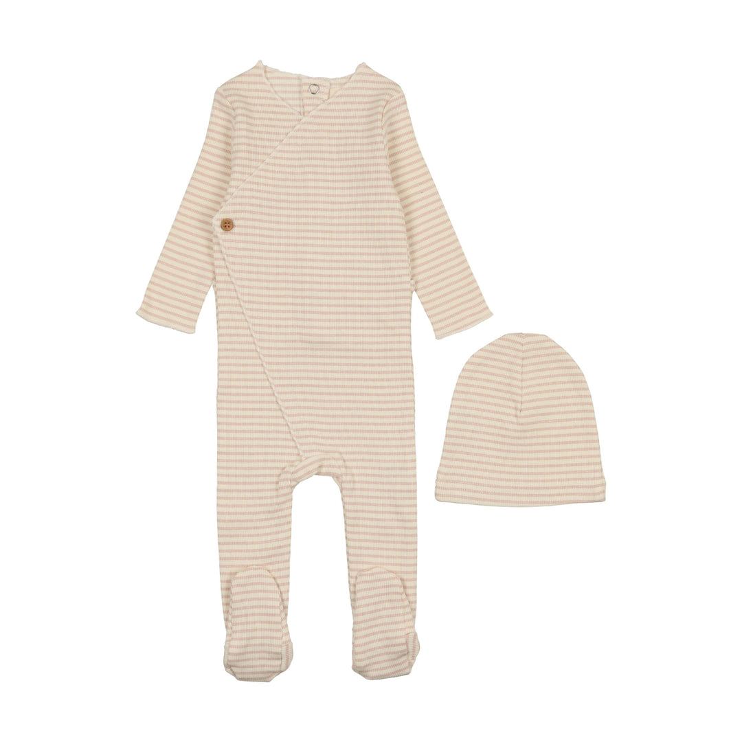 Mema Knits Cream/Pink Striped Side Button Footie + Beanie