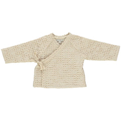 Beige knitted baby cardigan on a white background