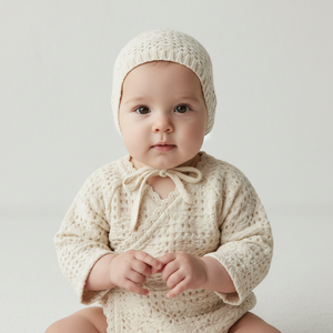 Baby wearing a cream knitted outfit and hat against a plain background