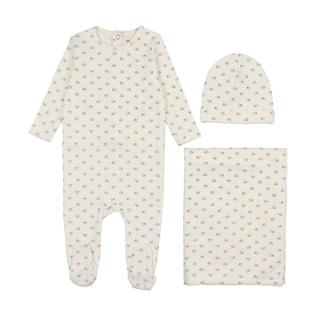 Mema Knits Blissful Blue Bud Print 3 Pc Layette Set