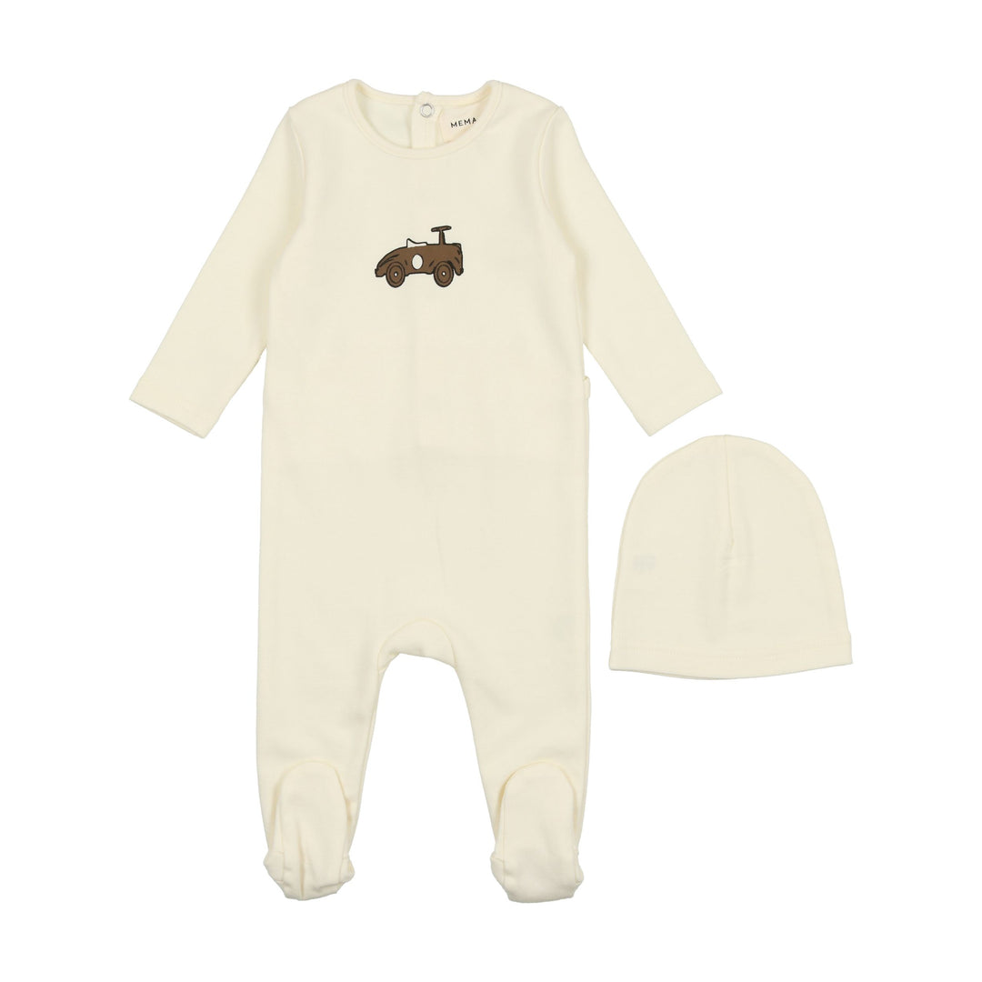 Mema Knits Cream/Brown Car Footie + Beanie
