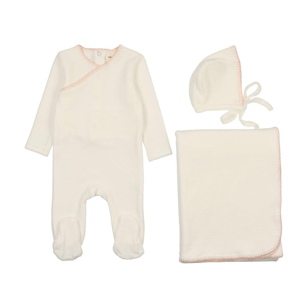 Mema Knits Cream Pink Velour Embroidered 3 Pc Set