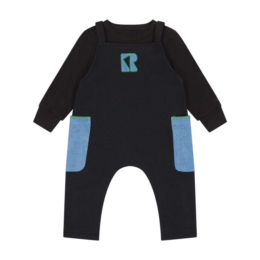 Retro Kid Black/Green Remy Baby Stitched Overalls
